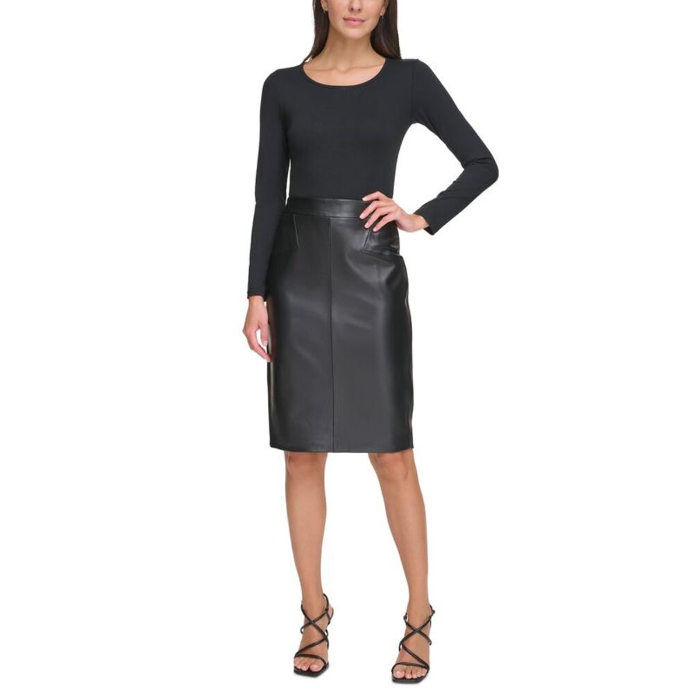 DKNY Petite Faux Leather Mixed Media Pencil Skirt
